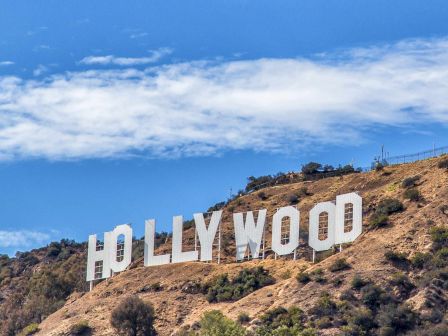 The image shows the iconic Hollywood sign situated on the hills, with a clear blue sky in the background, surrounded by trees and shrubs.