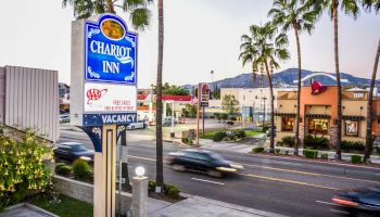 A street view showing the Chariot Inn sign, palm trees, nearby businesses, and a road with moving cars under a clear sky.